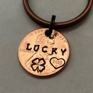 Lucky Penny Keychain: Customizable, Boyfriend Girlfriend Teen, Graduation Birthday Good Luck Gift; Hand Stamped; Add Heart or 4-Leaf Clover