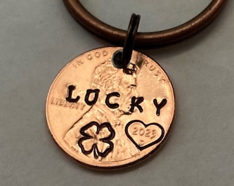 Lucky Penny Keychain: Customizable, Boyfriend Girlfriend Teen, Graduation Birthday Good Luck Gift; Hand Stamped; Add Heart or 4-Leaf Clover