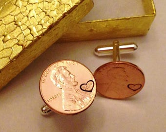 Penny Cufflinks: Personalized Mens Gift, Dad Grandpa Him, Father's Day, Graduation, 7th Anniversary; Custom Years 1959-2025; Heart Option