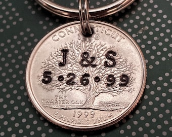 Personalized 25th Anniversary Quarter Keychain, Stamped Initials & Date, 2001 Quarter Key Chain, Gift for Husband Wife Couple, 25 Years