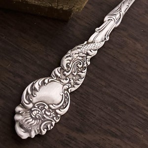 Ornate Silver Necklace, Spoon Jewelry, Upcycled Flatware Spoon Necklace, Repurposed Vintage Silver Plate Silverware Handle Pendant, 1893