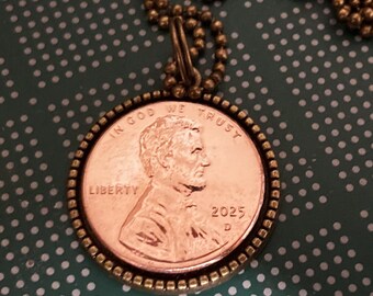 2025 Penny Keepsake Necklace, 2025 Commemorative Penny Gift, Brilliant Uncirculated Penny, Bronze Ball Chain, You Choose Length