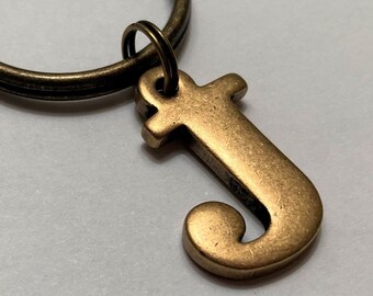 J Keychain: Letter J Initial Key Chain, Key Ring, Keyring, Vintage Brass Letter Charm, Two Sided Initial Charm Jewelry, Gift Bag, Fast Ship