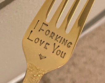 GOLD I Forking Love You Fork: Valentine's Birthday 50th Anniversary Gift, Hand Stamped Gold Dinner Fork, Vintage Gold Flatware, Gift Box