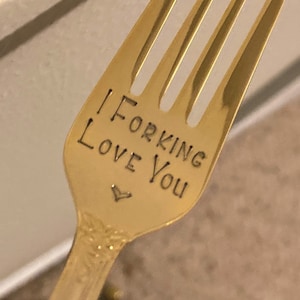 GOLD I Forking Love You Fork: Valentine&#39;s Birthday 50th Anniversary Gift, Hand Stamped Gold Dinner Fork, Vintage Gold Flatware, Gift Box