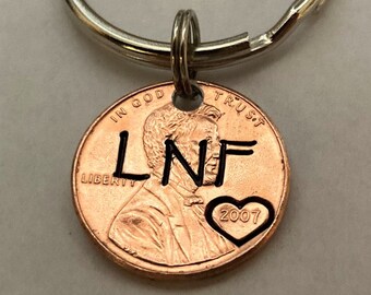Initials Keychain, Custom Hand Stamped 1959-2024 Penny, Birthday -- 10th 16th 18th 20th 21st 25th 30th 35th 40th 45th 50th 55th 60th 65th