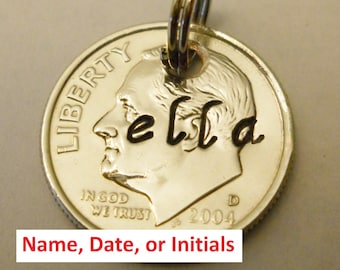 DIME Pendant: 10th Birthday Gift, 10 Year Anniversary Gift; Personalized Date Name Initials; Stamped 2012 2022 2011 + Charm; BU UNCIRCULATED