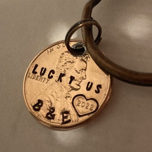 Lucky Us Keychain: Boyfriend Girlfriend His Hers Couple Gift, 1st Anniversary 7th Wedding, Personalized Stamped 2025 + Penny; Initials