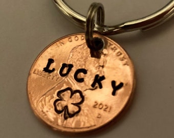Lucky Penny Keychain: Customizable, Boyfriend Girlfriend Teen, Graduation Birthday Good Luck Gift; Hand Stamped; Add Heart or 4-Leaf Clover