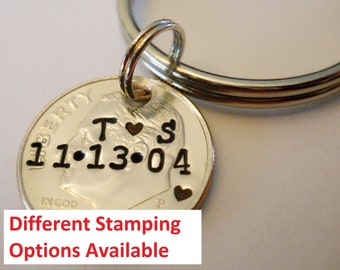 10th Anniversary Personalized DIME Keychain: 10 Year Anniversary Gift, 2016 Wedding, Couple Gift 2026, Stamped Initials & Date; Uncirculated