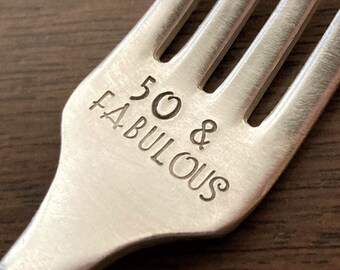 50 & FABULOUS Birthday Fork, 50th Birthday Gift for Women Girlfriend Wife Her Besties BFF, Stamped Vintage Silver, Born in 1973, Gift Box
