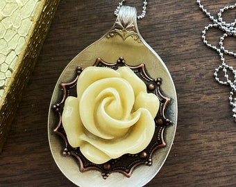 Large Flower Necklace, Floral Spoon Bowl Pendant, Resin Flower Assemblage Necklace, Boho Country Farmhouse, Upcycled Vintage Silver Spoon