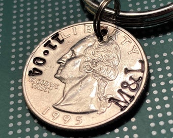 Personalized Quarter Keychain, Anniversary Gift, Initials & Date, 1991-1998