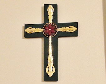Cross Wall Hanging: Silverware Cross, Gold Wooden Cross, Crucifix, Metal Wall Cross, Wall Cross Decor, Wood Wall Cross, Ornate, Dark Green