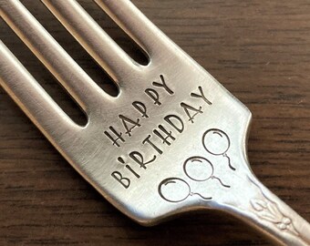 Birthday Gift for Her: Happy Birthday Fork, Gift for Girlfriend Wife Women, Stamped Antique Silver Fork, Birthday Cake Fork, Unique Birthday