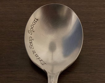 Personalized Soup Spoon, Custom Round Gumbo Spoon with Name, Hand Stamped Antique Silverware, Soup Lover Gift, Choose TEXT: Chili Gumbo Soup