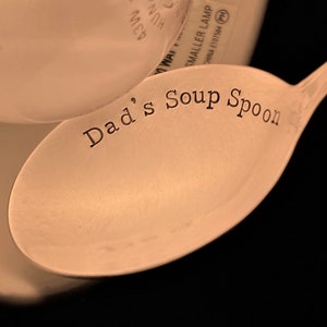 Soup Spoon: Personalized Silver Soup Spoon, Custom Hand Stamped Vintage Gumbo Spoon, Soup Lover Gift, Choose TEXT -- Chili Gumbo or Soup