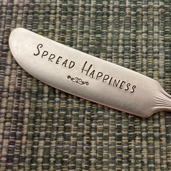 Cheese Knife Spreader, Butter Knife: Spread Happiness, Stamped Vintage Silver, Charcuterie Board Condiment Utensil, Dinner Party Decor