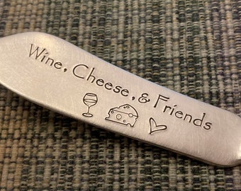 Wine Cheese & Friends Cheese Knife: Stamped Vintage Silver Cheese Spreader, Charcuterie Appetizer Grazing Board Utensil, Hostess, 2 STYLES