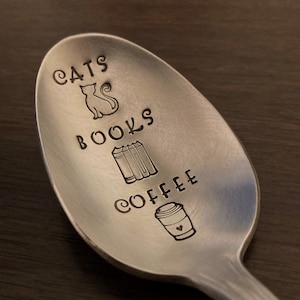 CATS BOOKS COFFEE Spoon: Coffee Lover Gift, Cat Mama, Cat Lover, Hand Stamped Vintage Silver Teaspoon, Gift for Book Lovers, Reader Gift