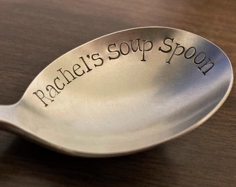 Hand Stamped Soup Spoon for Her, Custom Round Gumbo Spoon with Name, Antique Silver, Soup Gifts, Choose TEXT -- Soup Chili OR Gumbo Spoon