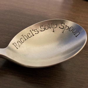 Hand Stamped Soup Spoon for Her, Custom Round Gumbo Spoon with Name, Antique Silver, Soup Gifts, Choose TEXT -- Soup Chili OR Gumbo Spoon