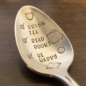 Drink Tea Read Books Be Happy Spoon: Tea Lover, Bookworm, Book Lover, Reader Gift, Bookish, Stamped Vintage Silver Teaspoon, Gift for Her