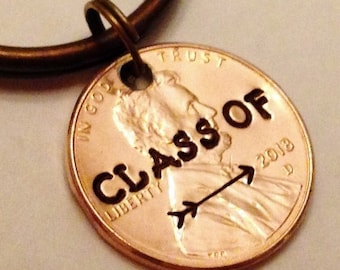 Graduation Gift, CLASS of 2024: Keychain with ARROW, Stamped Penny, High School Graduate, College Grad Keepsake; 3 Key Chain COLORS, Copper