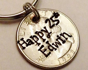 25th Birthday Gift: 1998 QUARTER Keychain, Personalized Stamped Engraved Name, 26th 27th Birthday, 1997 1996, Gift for Him Her Son Daughter