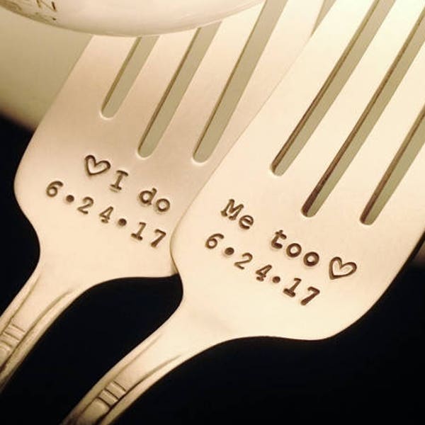 I Do Me Too Wedding Forks with Date and Hearts, Hand Stamped Custom Personalized Set, Vintage Silver Cake Forks, Something Old, Gift Boxed