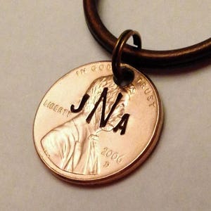 Monogram Keychain: Initials, Teen Boy Girl Gift, New Driver / Car, Personalized Stamped Lucky Penny Coin, Heart Option, 1959-2024, Gift Bag image 1