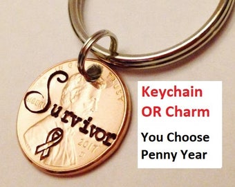 Cancer Survivor Keychain or Charm: Cancer Awareness Ribbon, Gift for Her Mom BFF, Beat Breast Cancer, Stamped Lucky Penny, Cutomizable Year