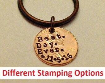 Best Day Ever Key Chain: 7 Year Anniversary Gift, Couple Engagement Gift, 7th Copper, Boyfriend Girlfriend, Custom Stamped Date Penny 2021 +