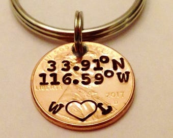 Latitude Longitude Keychain, Custom Coordinates Gift, GPS Key Chain, Where We Met, Favorite Special Place, Lucky Penny, Engagement Location