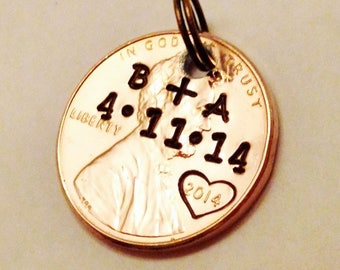 Anniversary Gift: Custom Personalized Penny Charm Pendant, Couples, Wedding Gift; Your Initials, Date, Heart; Hand Stamped 1959-2024 PENNY