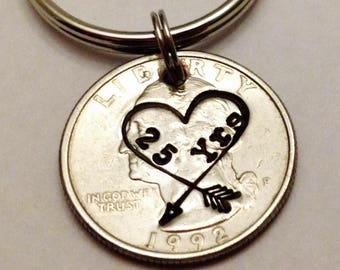 25 Year Anniversary Gift: 25th Wedding Keychain for Him Her Couple Husband Wife Men Parents, Stamped 1997 + US Quarter, Silver, Heart Arrow
