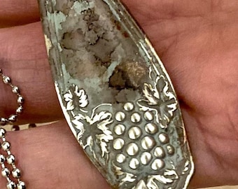 Painted Antique Spoon Necklace, Recycled Repurposed Vintage Silverware Pendant, Eco Friendly Jewelry, Grapes 1913