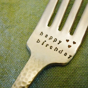 HAPPY BIRTHDAY Fork: Custom Birthday Gift Idea for Men Her Kids Mom Dad Boy Girl; Stamped Engraved Fork, Vintage, Silver, Party Decoration image 1