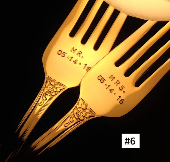 GOLD Wedding Cake Forks MR MRS Forks, Wedding Date Option, Custom Hand