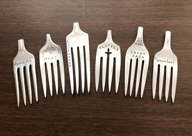 Personalized Cheese Markers /Forks, Vintage Silverware, Charcuterie Board, Upcycled Cheese Labels Picks Signs, Ecofriendly Cheese Lover Gift image 9