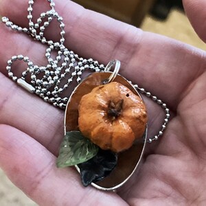 May include: A silver chain necklace with a pendant featuring a small orange pumpkin with green leaves. The pumpkin is nestled in a silver oval-shaped frame.