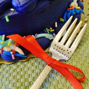 HAPPY BIRTHDAY Fork: Custom Birthday Gift Idea for Men Her Kids Mom Dad Boy Girl; Stamped Engraved Fork, Vintage, Silver, Party Decoration image 2