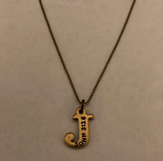 John 3:16 Necklace, Unisex Christian Faith Graduation Gift, Bible Study Verse Scripture Quote Gift, 3 16 316, Vintage Brass J Charm Pendant