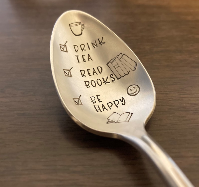 Drink Tea Read Books Be Happy Spoon: Tea Lover, Bookworm, Book Lover, Reader Gift, Bookish, Stamped Vintage Silver Teaspoon, Gift for Her image 1