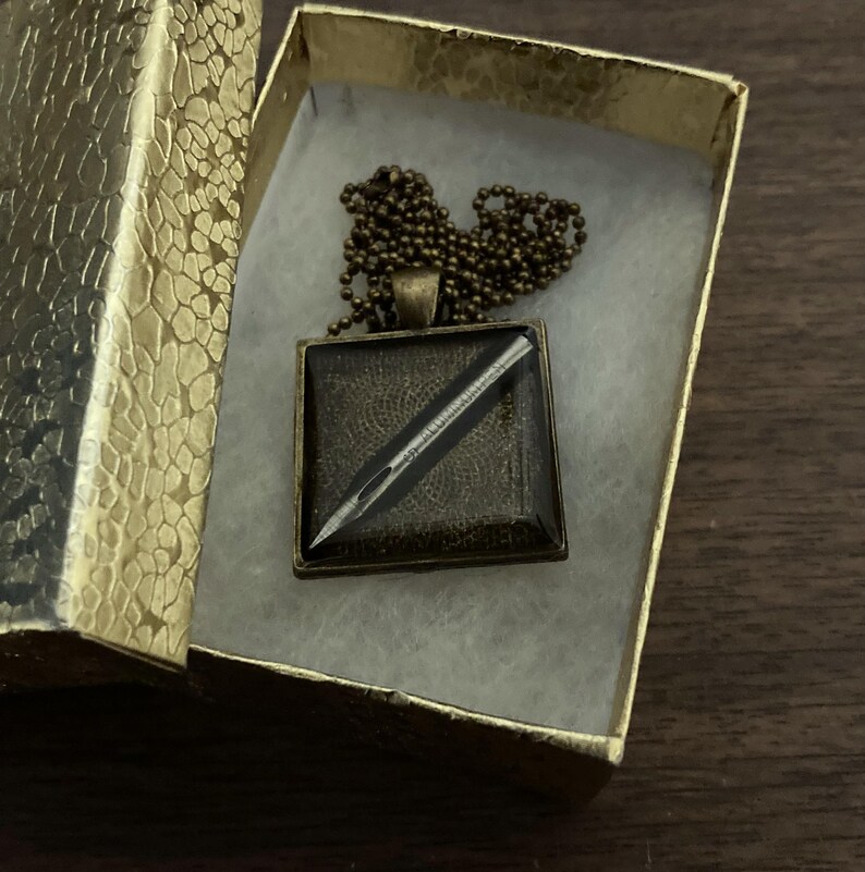 K&ouml;nnte beinhalten: Eine bronzene Halskette mit einem quadratischen Anh&auml;nger, der eine silberne Nadel in einem klaren Harz zeigt. Die Halskette befindet sich in einer kleinen, goldfarbenen Schachtel.