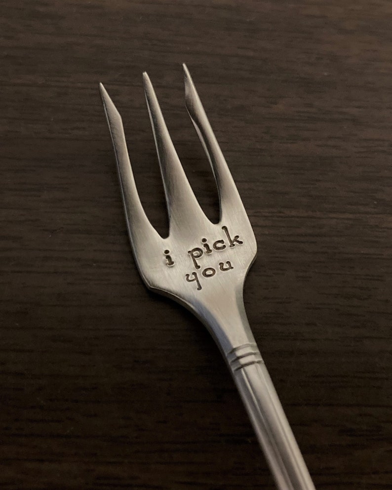 Stamped Cocktail Fork: I PICK YOU Charcuterie Board Fork Pick, Vintage Silver Appetizer Utensil, Cheese Meat Tray, Pickle Fork, Grazing Tray image 1