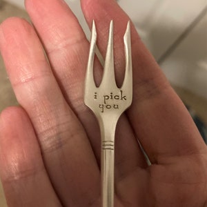 Stamped Cocktail Fork: I PICK YOU Charcuterie Board Fork Pick, Vintage Silver Appetizer Utensil, Cheese Meat Tray, Pickle Fork, Grazing Tray image 2