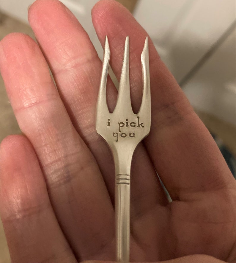 Stamped Cocktail Fork: I PICK YOU Charcuterie Board Fork Pick, Vintage Silver Appetizer Utensil, Cheese Meat Tray, Pickle Fork, Grazing Tray image 2