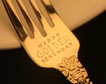 Ornate Golden Birthday Gift: Happy Golden Birthday Fork, Stamped Fancy Gold Dessert Fork for Girl Daughter Niece Her Wife, or 50th Birthday