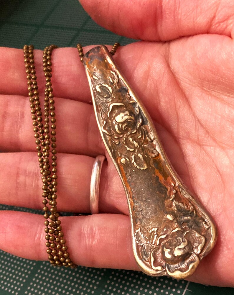 Painted Necklace, Spoon Art, Silverware Spoon Jewelry, Vintage Recycled Upcycled Flatware, RUSTIC Repurposed Silverplated Handle Pendant image 3
